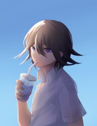 Rule 34 | 1boy, alternate costume, black hair, blue background, collared shirt, commentary request, danganronpa (series), danganronpa v3: killing harmony, drink, drinking, drinking straw, glass, hair between eyes, highres, holding, holding drink, looking at viewer, male focus, oma kokichi, purple eyes, shirt, short hair, short sleeves, simple background, soda, solo, sunlight, touko (color-palette), upper body, white shirt, white sleeves