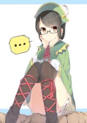 Rule 34 | ..., 1girl, 7zu7, ankle lace-up, bicorne, black thighhighs, capcom, cross-laced footwear, glasses, guildmarm (monster hunter), hands on own cheeks, hands on own face, hat, looking at viewer, monster hunter, monster hunter (series), monster hunter 4, ribbon, semi-rimless eyewear, simple background, solo, thighhighs, under-rim eyewear, white background