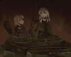 Rule 34 | 10s, 2013, 2girls, artist name, blonde hair, blue eyes, crossover, dark, dated, girls und panzer, goggles, goggles around neck, gun, highres, kanokoga, kay (girls und panzer), long hair, looking at another, m16a4 (upotte!!), m26 pershing, machine gun, military, military uniform, military vehicle, motor vehicle, multiple girls, submachine gun, tank, thompson submachine gun, uniform, upotte!!, vehicle, weapon