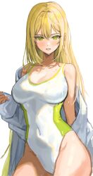 Rule 34 | 1girl, :o, blonde hair, blush, breasts, competition swimsuit, dot nose, green eyes, highres, jacket, lerome, long hair, looking at viewer, medium breasts, one-piece swimsuit, open clothes, open jacket, open mouth, original, solo, swimsuit, wet, wet clothes, wet swimsuit, white background