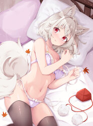 Rule 34 | 1girl, animal ears, bed, bed sheet, black thighhighs, blush, bra, collarbone, hat, inubashiri momiji, leaf, lying, maple leaf, navel, on side, open mouth, panties, pillow, pom pom (clothes), purple bra, purple panties, red eyes, red hat, rururiaru, short hair, solo, tail, thighhighs, tokin hat, touhou, underwear, underwear only, unworn hat, unworn headwear, white hair, wolf ears, wolf tail