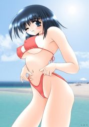 Rule 34 | 1girl, adjusting clothes, adjusting swimsuit, artist request, beach, bikini, black hair, blue eyes, blush, breasts, character request, cloud, copyright request, covered erect nipples, large breasts, looking at viewer, navel, ocean, one eye closed, parted lips, red bikini, sand, self wedgie, short hair, sky, smile, standing, swimsuit, teeth, water, wink