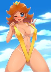 Rule 34 | 1girl, beach, blue eyes, blush, breasts, brown hair, looking at viewer, mario (series), meltyvixen, nintendo, one eye closed, princess daisy, slingshot swimsuit, super mario bros. 1, swimsuit, tan, tanline, thick thighs, thighs, tongue, tongue out, v, wink