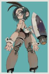 Rule 34 | 1girl, animal ears, arms at sides, ass, black footwear, black leotard, blue background, border, breasts, brown pantyhose, closed mouth, commentary request, ebimomo, fake animal ears, from behind, full body, glasses, green hair, high heels, highres, jet engine, joints, kneepits, leotard, looking at viewer, looking back, mechanical legs, medium hair, original, pantyhose, playboy bunny, rabbit ears, robot joints, simple background, small breasts, solo, standing, white border