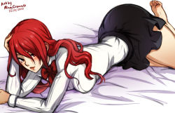Rule 34 | 1girl, arm support, artist name, ass, bed, bed sheet, black skirt, blush, bow, bowtie, breasts, collared shirt, dated, female focus, gekkoukan high school uniform, hair between eyes, hair over one eye, hand on own head, kirijou mitsuru, large breasts, long hair, long sleeves, looking at viewer, lying, mina cream, on stomach, persona, persona 3, red bow, red bowtie, red eyes, red hair, school uniform, shirt, simple background, skirt, solo, thighs, white background, white shirt, wide hips