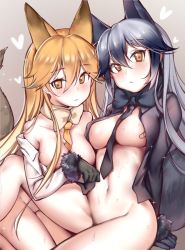 Rule 34 | 10s, 2girls, animal ears, arm support, bandaid, between breasts, black gloves, blush, bottomless, breasts, brown eyes, ezo red fox (kemono friends), fox ears, fox tail, gloves, gradient background, gradient hair, hair between eyes, heart, kemono friends, large breasts, light brown hair, looking at viewer, multicolored hair, multiple girls, navel, necktie, necktie between breasts, off shoulder, open clothes, open shirt, shirt, silver fox (kemono friends), silver hair, simple background, sitting, sunege (hp0715), sweat, tail, yuri