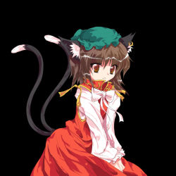Rule 34 | 1girl, :3, alphes (style), animal ears, auer, bad id, bad pixiv id, brown hair, cat ears, cat girl, cat tail, chen, china dress, chinese clothes, dress, earrings, female focus, hat, jewelry, parody, ribbon, short hair, solo, style parody, tail, touhou