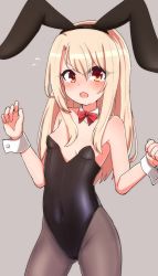 Rule 34 | &gt;:o, 1girl, :o, animal ears, black leotard, black pantyhose, blush, bow, bowtie, breasts, chawan (yultutari), covered navel, cowboy shot, detached collar, embarrassed, fake animal ears, fate/kaleid liner prisma illya, fate (series), feather hair ornament, feathers, flying sweatdrops, grey background, hair ornament, highres, illyasviel von einzbern, leotard, long hair, looking at viewer, open mouth, pantyhose, playboy bunny, rabbit ears, red bow, red bowtie, red eyes, simple background, small breasts, solo, standing, strapless, strapless leotard, tearing up, v-shaped eyebrows, w arms, white hair, wrist cuffs