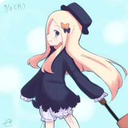 Rule 34 | 1girl, abigail williams (fate), bad id, bad pixiv id, black bow, black dress, black hat, blonde hair, bloomers, blue eyes, blush, bow, bug, butterfly, closed mouth, cowboy shot, dress, fate/grand order, fate (series), hair bow, hat, holding, insect, kujou karasuma, long hair, long sleeves, orange bow, parted bangs, profile, rolling suitcase, signature, simple background, sleeves past fingers, sleeves past wrists, smile, solo, suitcase, underwear, very long hair, white background, white bloomers
