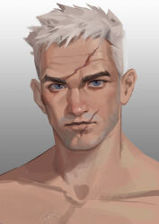 Rule 34 | 1boy, bara, beard stubble, expressionless, facial hair, highres, lips, looking at viewer, mature male, nude, old, old man, overwatch, portrait, realistic, scar, scar on face, scar on forehead, shao gou gou, short hair, soldier: 76 (overwatch), solo, sparse chest hair, stubble, thick eyebrows, white hair, wrinkled skin