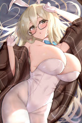 Rule 34 | 1girl, akane (blue archive), akane (bunny) (blue archive), animal ears, blonde hair, blue archive, blush, bow, bowtie, breasts, brown eyes, cleavage, detached collar, fake animal ears, glasses, gloves, highres, huge breasts, leotard, long hair, looking at viewer, open mouth, pantyhose, playboy bunny, rabbit ears, solo, ushimittsu, white gloves, white leotard, white pantyhose