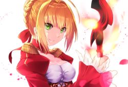 Rule 34 | 10s, 1girl, aestus estus, ahoge, blonde hair, blush, braid, breasts, cleavage, closed mouth, commentary request, dress, epaulettes, fate/extra, fate (series), fire, french braid, green eyes, hair intakes, hair ribbon, highres, holding, holding sword, holding weapon, looking at viewer, medium breasts, mipi, nero claudius (fate), nero claudius (fate), nero claudius (fate/extra), petals, red dress, ribbon, simple background, smile, solo, sword, upper body, weapon, white background