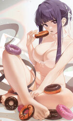 Rule 34 | 1girl, absurdres, barefoot, blunt bangs, bra, breasts, cleavage, commentary, doughnut, eating, fern (sousou no frieren), floral print, food, hair bun, hair ribbon, highres, holding, holding food, indian style, large breasts, looking at viewer, lower teeth only, open mouth, panties, purple eyes, purple hair, ribbon, sidelocks, single hair bun, sitting, solo, songchuan li, sousou no frieren, sprinkles, teeth, thighhighs, underwear, white bra, white panties, white ribbon