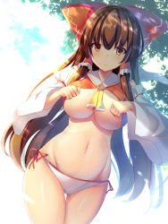 Rule 34 | 1girl, absurdres, armpits, ascot, bare shoulders, belly, bikini, bikini bottom only, blush, bow, breasts, brown hair, clenched hands, commentary request, curvy, detached sleeves, dutch angle, gluteal fold, hair bow, hair ribbon, hair tubes, hakurei reimu, highres, large breasts, lifting own clothes, liya, looking at viewer, navel, outdoors, pregnant, revision, ribbon, shiny skin, side-tie bikini bottom, sidelocks, stomach, sunlight, swimsuit, thigh gap, thighs, touhou, tree, wide sleeves
