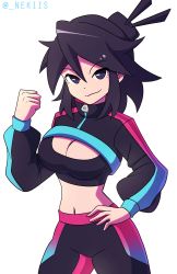 Rule 34 | 1girl, absurdres, black eyes, black hair, breasts, cleavage, closed mouth, cropped jacket, highres, jacket, long sleeves, looking at viewer, lucia (scott malin), multicolored clothes, navel, nekiis, original, pants, short hair, shrug (clothing), simple background, smile, solo, sports bra, tight clothes, tight pants, twitter username, white background, zipper pull tab