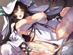 Rule 34 | 1boy, 1girl, black hair, black panties, breasts, breasts out, clothing aside, covered navel, cowgirl position, cum, cum in pussy, detached sleeves, dress, dutch angle, facial mark, fate/empire of dirt, fate/grand order, fate (series), fingernails, forehead mark, game cg, heavy breathing, hetero, highleg, highleg panties, horns, huge breasts, indoors, long fingernails, long hair, nipples, non-web source, open mouth, panties, panties aside, pelvic curtain, revealing clothes, sessyoin kiara, sex, sidelocks, skindentation, straddling, string panties, thighhighs, tsuki tokage, underwear, vaginal, veil, very long hair, white dress, white thighhighs, yellow eyes