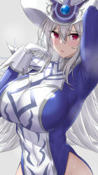 Rule 34 | 1girl, absurdres, arm up, blue dress, blush, breasts, covered armpit, covered navel, dress, duel monster, gloves, grey background, grey hair, hair between eyes, hat, highres, hip vent, huge breasts, kirikan (cokekiri), long hair, looking at viewer, parted lips, red eyes, silent magician, simple background, solo, steaming body, sweat, tight clothes, tight dress, upper body, white gloves, white hair, white hat, witch hat, yu-gi-oh!