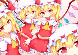 Rule 34 | 4girls, :o, arms around neck, ascot, blonde hair, fang, flandre scarlet, four of a kind (touhou), hair between eyes, hands on another&#039;s shoulders, hat, hat ribbon, head tilt, looking at viewer, midriff, mob cap, multiple girls, navel, one eye closed, open mouth, pink background, puffy short sleeves, puffy sleeves, red eyes, red skirt, red vest, ribbon, short hair, short sleeves, side ponytail, simple background, skirt, skirt set, smile, tomoe (fdhs5855), touhou, vest, wings, wrist cuffs, yellow ascot
