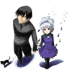 Rule 34 | 00s, 1boy, 1girl, black cat, black pantyhose, cat, darker than black, dress, expressionless, from above, gin&#039;ichi (akacia), ginichi, hei (darker than black), hetero, holding hands, long sleeves, looking at viewer, looking up, mao (darker than black), pants, pantyhose, purple dress, short hair, silver hair, simple background, walking, white background, yin (darker than black)