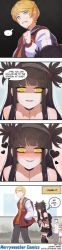 Rule 34 | 1boy, 1girl, awkward, black hair, blonde hair, blush, comic, english text, goth fashion, gothic, happy, heart, highres, lipstick, looking at viewer, makeup, merryweather, ophelia (merryweather), size difference, skirt, translated