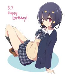 Rule 34 | 1girl, arm support, black hair, black socks, blazer, blue bow, blue bowtie, blue jacket, blue skirt, bow, bowtie, brown footwear, closed mouth, commentary, dated, dress shirt, english text, flower, from behind, full body, hair flower, hair ornament, happy birthday, highres, jacket, leaning back, loafers, looking at viewer, looking back, mel (melty pot), miniskirt, mizuno ai, open clothes, open jacket, plaid, plaid bow, plaid bowtie, plaid neckwear, plaid skirt, pleated skirt, red eyes, school uniform, shirt, shoes, short hair, simple background, sitting, skirt, socks, solo, sweater, thighs, v-neck, white background, white shirt, wing collar, yellow sweater, zombie land saga