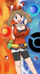 Rule 34 | 10s, 1girl, :d, abstract background, arm behind back, arm behind head, belt, bike shorts, bike shorts under shorts, blue eyes, breasts, brown hair, cellshadfan, cleavage, creatures (company), fanny pack, game freak, hair ribbon, highres, huge breasts, legs, looking at viewer, may (pokemon), may (pokemon oras), nintendo, open mouth, poke ball, pokemon, pokemon oras, ribbon, shirt, shorts, sleeveless, sleeveless shirt, smile, solo, tank top, thighs