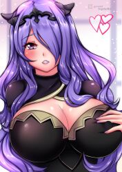 Rule 34 | 1girl, absurdres, breasts, camilla (fire emblem), cleavage, fire emblem, grabbing own breast, hair over one eye, heart, highres, large breasts, long hair, nintendo, parted lips, pink lips, purple eyes, purple hair, smile, solo, sugarbell