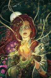 Rule 34 | 1girl, anireal, apple, coat, colored skin, dc comics, dual persona, flower, food, fruit, full moon, glasses, golden apple, green eyes, green skin, hair ornament, highres, holding, holding food, holding fruit, ivy, lab coat, leaf hair ornament, long hair, looking at viewer, moon, name tag, night, pink flower, poison ivy, purple flower, red hair, red lips, solo, test tube, upper body, white coat