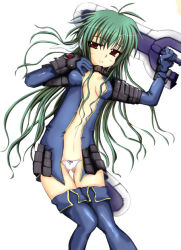 Rule 34 | 1girl, boots, breasts, center opening, cowboy shot, green hair, holding, holding weapon, long hair, looking at viewer, navel, panties, parted lips, polaris (shinrabanshou), red eyes, shinrabanshou, simple background, solo, thigh boots, thigh gap, thighhighs, underwear, very long hair, weapon, white background, white panties