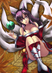 Rule 34 | 1girl, a-na, ahri (league of legends), animal ears, ball, bare shoulders, black hair, breasts, cleavage, detached sleeves, fox ears, fox tail, high heels, highres, korean clothes, large breasts, leaf, league of legends, long hair, looking at viewer, shoes, tail