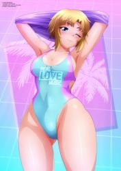 Rule 34 | 1girl, :3, armpits, arms behind head, blonde hair, blue background, blue eyes, blue one-piece swimsuit, blush, breasts, cleavage, competition swimsuit, covered navel, cowboy shot, facing viewer, grid, grid background, highres, kaori shiruko, large breasts, looking at viewer, one-piece swimsuit, one eye closed, palm tree, pink background, removing shirt, short hair, smile, solo, standing, swimsuit, synthwave, tree, two-tone background, undressing, wide hips, wireframe, yukino memories, zel-sama