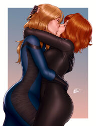 Rule 34 | 2dswirl, 2girls, ass, avengers (series), black jumpsuit, black widow, blonde hair, blue jumpsuit, curvy, fantastic four, grabbing another&#039;s hair, hands on another&#039;s back, highres, jumpsuit, kiss, marvel, mature female, multiple girls, natasha romanoff, red hair, sue storm, yuri