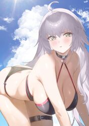 1girl absurdres bent_over bikini black_bikini blush breasts cleavage cloud cloudy_sky commentary_request day fate/grand_order fate_(series) highres jeanne_d&#039;arc_alter_(fate) jeanne_d&#039;arc_alter_(swimsuit_berserker)_(fate) kurozawa_yui large_breasts long_hair looking_at_viewer outdoors parted_lips sky solo swimsuit thigh_strap thighs white_hair yellow_eyes