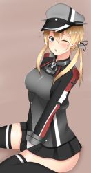 Rule 34 | 10s, 1girl, ;o, anchor symbol, between legs, black ribbon, black skirt, black thighhighs, blonde hair, blush, breasts, brown background, collar, cross, grey hat, hair ribbon, hand between legs, hat, highres, iron cross, kamenoyou, kantai collection, large breasts, long sleeves, low twintails, military, military uniform, miniskirt, one eye closed, parted lips, peaked cap, prinz eugen (kancolle), ribbon, simple background, sitting, skirt, solo, teardrop, thighhighs, thighs, twintails, uniform, wariza, zettai ryouiki