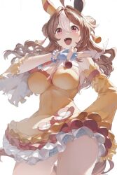 Rule 34 | 1girl, ahoge, animal ears, bracelet, breasts, brown hair, cleavage, contrapposto, copano rickey (umamusume), cowboy shot, detached sleeves, double bun, dress, ear covers, fang, fingerless gloves, frilled dress, frilled sleeves, frills, gloves, hair bun, hair ornament, hand on own hip, highres, holding, holding paper, horse ears, horse girl, horse tail, jewelry, long hair, looking at viewer, medium breasts, mentrol, multicolored hair, open mouth, paper, pearl bracelet, purple eyes, simple background, single ear cover, smile, solo, strapless, strapless dress, streaked hair, tail, thighs, two-tone hair, umamusume, white background, white gloves, white hair, white nails, yellow dress