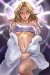 Rule 34 | 1girl, absurdres, artist name, backlighting, between legs, blonde hair, blue eyes, blush, bottomless, breasts, capelet, chromatic aberration, clothes down, coat, covering privates, covering crotch, crop top, fur coat, glowing, halo, hand between legs, highres, jewelry, knee up, league of legends, leg up, light, light rays, lips, long hair, looking at viewer, lux (league of legends), medium breasts, minory, navel, necklace, no bra, off shoulder, parted lips, patreon username, solo, spaghetti strap, standing, star (symbol), star necklace, translucent, underboob, v arms, watermark, web address