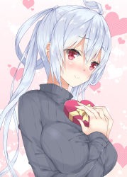 Rule 34 | 1girl, ahoge, black sweater, blush, box, breasts, closed mouth, commentary request, fingernails, gift, gift box, hair between eyes, hair rings, heart, heart-shaped box, holding, holding gift, large breasts, long hair, matoi (pso2), milkpanda, nose blush, phantasy star, phantasy star online 2, pink background, red eyes, sidelocks, silver hair, smile, solo, sparkle, sweater, twintails, very long hair