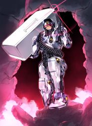 Rule 34 | 1boy, absurdres, ammunition belt, commentary, cyborg, english commentary, frown, gun, highres, holding, holding gun, holding weapon, looking up, male focus, pillar buster, robocop, robocop (character), science fiction, smoke, solo, visor, weapon