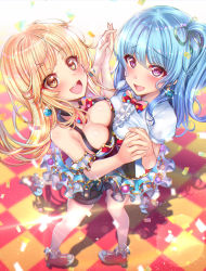 Rule 34 | 2girls, :d, absurdres, aqua hair, bang dream!, blonde hair, blush, bow, bowtie, breasts, center frills, checkered floor, cleavage, commentary request, confetti, earrings, eyelashes, fingernails, frills, from above, full body, hands up, happy, highres, interlocked fingers, jewelry, kamita, light particles, long hair, looking at viewer, looking up, matsubara kanon, medium breasts, multiple girls, one side up, open mouth, polka dot, polka dot bow, polka dot neckwear, puffy short sleeves, puffy sleeves, purple eyes, raised eyebrows, ringed eyes, shadow, short sleeves, small breasts, smile, standing, tsurumaki kokoro, w arms, yellow eyes