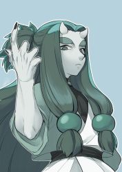 Rule 34 | 1boy, aqua background, black nails, fingernails, green eyes, green hair, hand up, horns, long hair, longyan (the legend of luoxiaohei), nail polish, outline, rkp, shadow, sharp fingernails, simple background, solo, luo xiaohei zhanji, upper body, white outline
