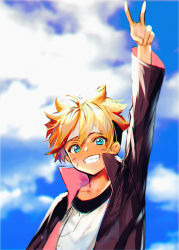 Rule 34 | 1boy, arm up, bad id, bad pixiv id, black jacket, blonde hair, blue eyes, blue sky, blurry, blurry background, boruto: naruto next generations, cloud, collarbone, grin, hair between eyes, headband, jacket, long sleeves, looking at viewer, male focus, naruto (series), open clothes, open jacket, shirt, sketch, sky, smile, solo, spiked hair, upper body, uzumaki boruto, uzumaki naruto, v, white shirt, yo 1998