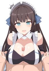 Rule 34 | 1boy, 1girl, azur lane, blue eyes, blush, breasts, brown hair, censored, cum, cum on body, cum on breasts, cum on upper body, highres, interlocked fingers, large breasts, long hair, looking at viewer, mosaic censoring, newcastle (azur lane), open mouth, paizuri, penis, simple background, smile, solo focus, toyo (c8), white background, white headwear