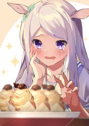 Rule 34 | 1girl, animal ears, blouse, blue sailor collar, blurry, blush, bow, cake, depth of field, eyes visible through hair, food, grabbing, green bow, hair bow, hand on own face, hand up, horse ears, light, long hair, looking down, mejiro mcqueen (umamusume), outstretched arm, panda inu, plate, purple eyes, purple hair, purple shirt, sailor collar, saliva, school uniform, shadow, shirt, sidelocks, solo, sparkle, sparkling eyes, star (symbol), table, tracen school uniform, umamusume, white background, yellow background