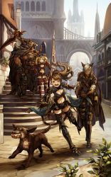 Rule 34 | 2boys, 2girls, animal ears, armor, armored boots, bag, beatrix (granblue fantasy), blonde hair, boots, breasts, brown hair, cape, cape tug, city, cleavage, d:, dark-skinned male, dark skin, dog, draph, erune, eustace (granblue fantasy), fake horns, fantasy, floating hair, food theft, frown, gauntlets, gloves, granblue fantasy, greaves, grey hair, hair over one eye, half-timbered, height difference, helm, helmet, horned helmet, horns, looking at another, medium breasts, midriff, multiple boys, multiple girls, navel, open mouth, outdoors, outstretched hand, polearm, ponytail, reaching, road, satchel, scythe, short shorts, shorts, spear, stairs, standing, surprised, thighhighs, town, twintails, vaseraga, weapon, zeta (granblue fantasy), zinnkousai3850