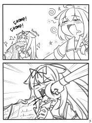 Rule 34 | 2girls, 2koma, :d, ahoge, blood, blood from mouth, bow, braid, character name, comic, commentary, drooling, eating, emphasis lines, english commentary, english text, fang, greyscale, guin guin, hair between eyes, hair bow, hair ribbon, in the face, kantai collection, monochrome, multiple girls, necktie, newspaper, open mouth, punching, ribbon, sailor collar, saliva, shigure (kancolle), shirt, short sleeves, smile, star (symbol), yuudachi (kancolle)