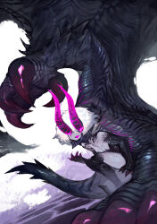 Rule 34 | 1girl, absurdres, bioluminescence, black scales, black skin, breasts, claws, cleavage, colored skin, colored tongue, completely nude, covered eyes, demon horns, dragon girl, dust cloud, fangs, glowing, gore magala, grey scales, grey skin, highres, horns, monster hunter (series), multicolored skin, nude, personification, scales, short hair, small breasts, solo, sora sakura, spikes, tail, thighs, two-tone skin, white hair, wings