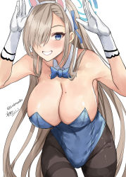 Rule 34 | 1girl, animal ears, asuna (blue archive), asuna (bunny) (blue archive), black pantyhose, blue archive, blue bow, blue bowtie, blue eyes, blue leotard, blue ribbon, blush, bow, bowtie, breasts, cleavage, detached collar, fake animal ears, gloves, hair over one eye, hair ribbon, halo, highres, large breasts, leotard, light brown hair, long hair, looking at viewer, mizuta kenji, mole, mole on breast, one-hour drawing challenge, pantyhose, playboy bunny, rabbit ears, rabbit pose, ribbon, simple background, solo, thighband pantyhose, traditional bowtie, twitter username, white background, white gloves