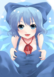 Rule 34 | 1girl, alternate breast size, blue eyes, blue hair, breasts, cirno, ice, isuka, large breasts, matching hair/eyes, ribbon, short hair, solo, embodiment of scarlet devil, tongue, touhou, wings