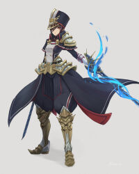 Rule 34 | 1girl, armor, armored boots, belt, black hair, black hat, black jacket, black pants, blue fire, boots, brown eyes, fire, full body, hair between eyes, hat, highres, holding, holding sword, holding weapon, jacket, long sleeves, looking at viewer, military, military hat, military uniform, morag ladair (xenoblade), pants, remaco, shako cap, shoulder armor, simple background, solo, sword, uniform, weapon, white background, xenoblade chronicles (series), xenoblade chronicles 2