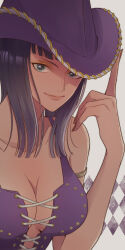 Rule 34 | 1girl, armlet, blue eyes, blunt bangs, breasts, cleavage, commentary, cowboy hat, crop top, cross-laced clothes, cross-laced top, english commentary, eyeshadow, finger on hat, hat, looking at viewer, makeup, medium hair, nico robin, nico robin (alabasta), one piece, purple hat, purple shirt, shirt, simple background, smile, solo, szk (szkintama), upper body, yellow eyeshadow